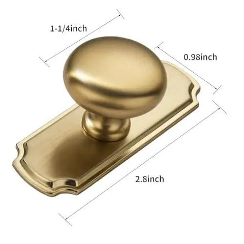 Two Pack Brushed Brass Cabinet Knobs With Satin Gold Vintage Backplate For Kitchen Drawers Bathroom Vanities And Bedroom Furniture showing measurements.