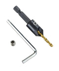 Front view of titanium-coated countersink drill bit with hex shank, plus included hex key and adapter