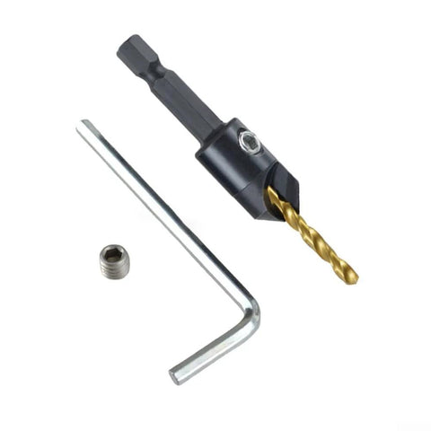 Front view of titanium-coated countersink drill bit with hex shank, plus included hex key and adapter