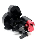 Killer Aluminum Two Speed Transmission Gearbox Fit For 10th Scale RC Crawler With Brass Gears And Precision Bearings Corrosion Proof Reverse Shift Upgrade Kit Built Dope For Knuckle Dragging And Serious Trail Beasts close-up of black aluminum gearbox with red motor view