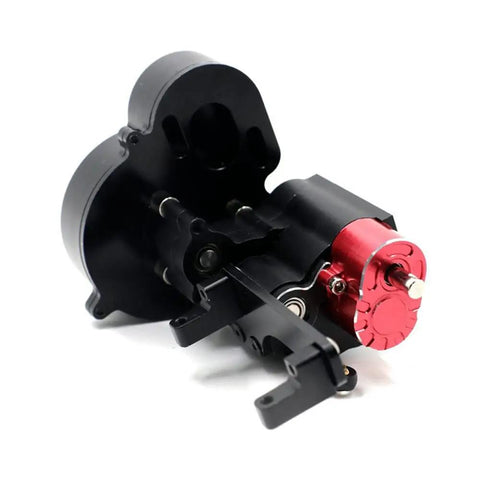 Killer Aluminum Two Speed Transmission Gearbox Fit For 10th Scale RC Crawler With Brass Gears And Precision Bearings Corrosion Proof Reverse Shift Upgrade Kit Built Dope For Knuckle Dragging And Serious Trail Beasts close-up of black aluminum gearbox with red motor view
