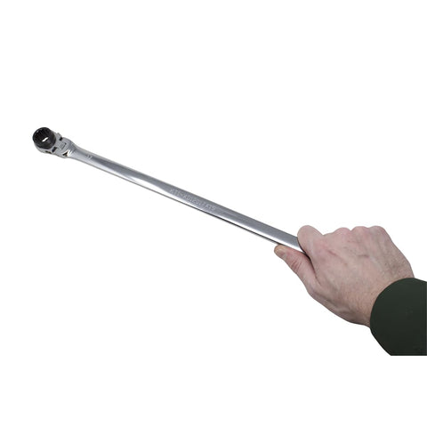 Hand holding 120 Tooth Ratcheting Wrench Set With Extra Long Flexible Design And 180 Degree Rotating Heads On Both Ends Spline