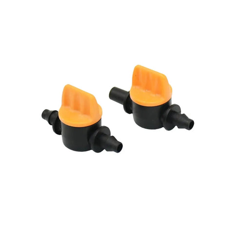 Purple Hose Barb Mini Valve Garden Tap Kit For Drip Irrigation Connectors One Quarter Inch To Six Millimeter Mist Nozzle Fittings Watering System Pack Of 20 To 150 Pieces, black plastic valves with orange handles