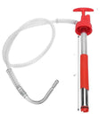 Handy Portable Oil Pump For Effortless Transfer And Extraction Of Motor, Heating, And Transmission Fluid From 5 Gallon Drums With Brass Head And Steel Build, red manual pump with flexible hose.