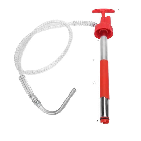 Handy Portable Oil Pump For Effortless Transfer And Extraction Of Motor, Heating, And Transmission Fluid From 5 Gallon Drums With Brass Head And Steel Build, red manual pump with flexible hose.