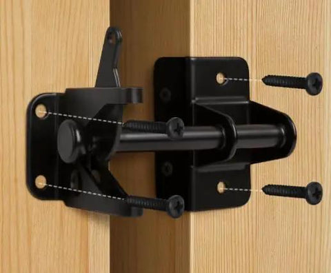 Heavy‑Duty Self‑Locking Automatic Gate Latch, Black Security Hardware for Wood and Metal Yard & Garden Fences mounted on wooden fence with screws