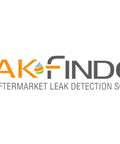 Front view of LeakFinder brand logo on white background; orange text with a water drop icon and 'AFTERMKT LEAK DETECTION SOLUTIONS' tagline.