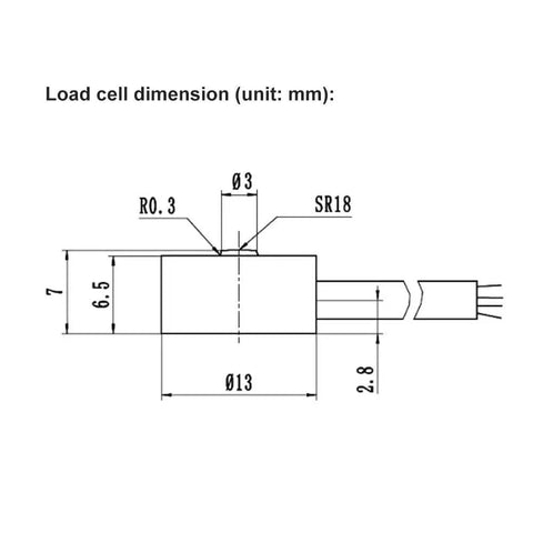 Tiny But Mighty 100 Kg Button Type Compression Load Cell For Precise Weighing, Mini Size Micro Force Sensor With Five To Ten Volts Bridge Voltage, High Accuracy Small Sensor For Testing And Automotive Uses. Dimension drawing, 13 mm diameter, 7 mm height