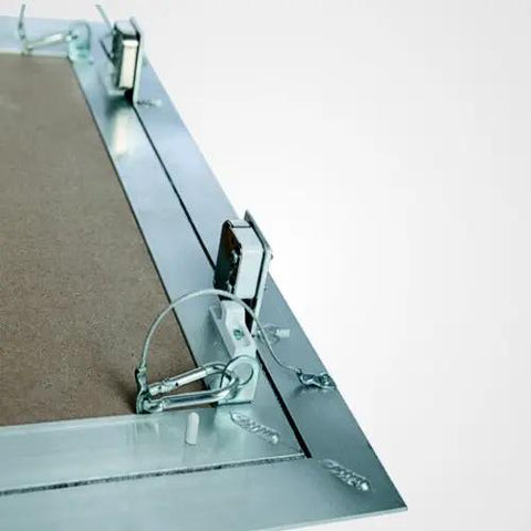 Sweet Removable Access Panel Featuring No Sweat Drywall Inlay And Concealed Touch Latches For Smooth Flush Setup Sharp 12 By 12 Inch Aluminum Frame That Fits Like A Glove - close-up of metal latches and frame details.
