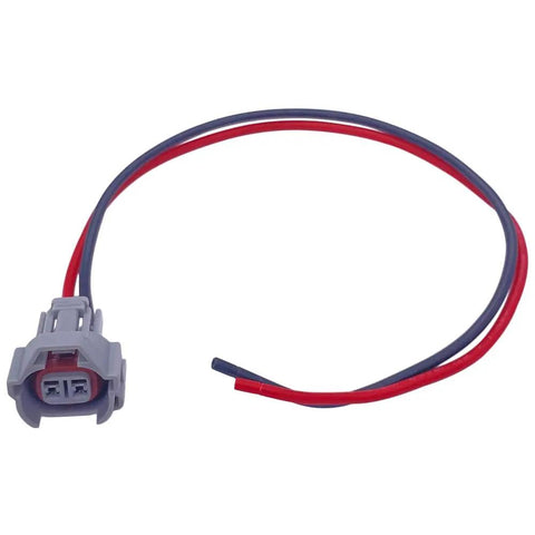Gray electrical plug with red and black wires from Four Piece Fuel Injector Connector Kit Plug And Play Quick Disconnect Pigtails For Mazda Mitsubishi