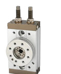 MSQB rotary pneumatic air cylinder, front view, high-precision rack and gear actuator, silver body with bronze caps.