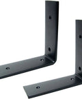 Heavy Duty Black L Shaped Wall Mount Shelf Brackets Right Angle Corner Support With Screws For Kitchen Storage And DIY Shelving Super Sturdy Worth Every Penny Pack Of Two, close-up view of coated iron brackets.