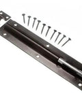 Heavy Duty Tower Bolt Slide Gate Latch Black Steel Surface Bolt For Outdoor Sheds Barns Garage with mounting screws.