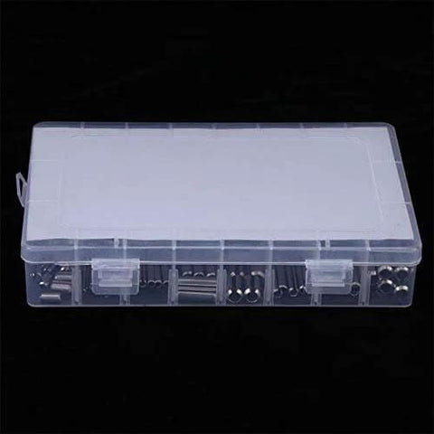 Clear box containing 280 Piece Stainless Steel Slotted Spring Pin Kit With Box Pro Grade Dowel Tension Roll Pins In Silver Finish