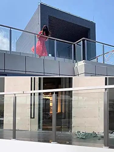 Slick Stainless Steel Corner Railing Post Kit Built Like A Tank For Decks Pools And Balconies with glass railing on patio.