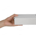 Self Locking White Corrugated Shipping Boxes Pack Of 25 Easy Fold Mailers For Small Business lightweight box held in hand.