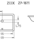 Technical drawing of Undermount White Bathroom Sink 16 By 11, showing dimensions and overflow design, for 18 inch vanity opening.