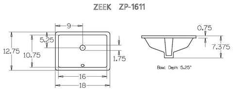 Technical drawing of Undermount White Bathroom Sink 16 By 11, showing dimensions and overflow design, for 18 inch vanity opening.