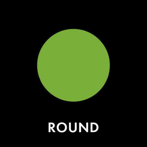 Green round shape with the word 'ROUND' below on a black background