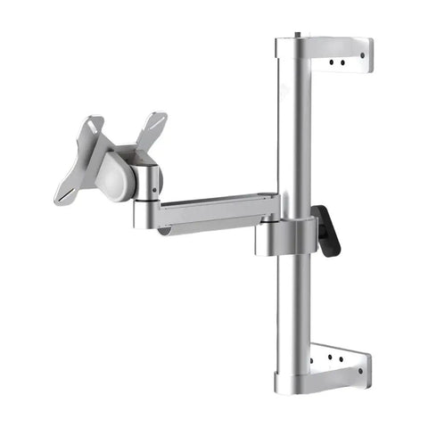 Single aluminum monitor arm stand in slick silver for workspace efficiency, offers rock solid stability and clean lines.