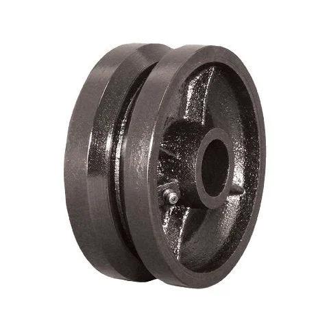 Side view of cast-iron V-groove wheel, 6 in diameter, 2 in wide, 3/4 in bore.