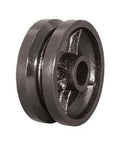 Angled front view of cast iron V-groove wheel, 6 in diameter, 2 in wide, 3/4 in bore.