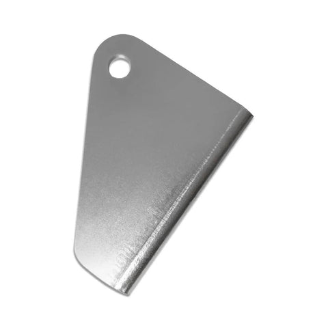 Universal actuator mounting bracket, front view; silver metal with a single mounting hole