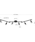 Six Light Foldable Track Lighting Kit With Adjustable Heads And Bendable Arms In Matte Black Finish with dimensions shown