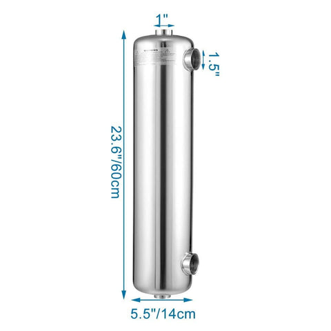 Pool Heat Exchanger Inline For Pools And Spas Stainless Steel Shell And Tube Heater KBtu Per Hour Hydronic Heating Solution Hot Tub Snow Melting One Half Inch NPT Same Side Ports