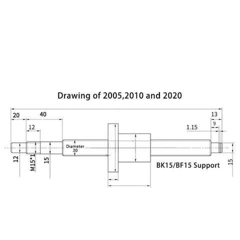 Drawing of support shaft for Top Tier C5 Grade Ballscrew Set With Premium Ball Nut For CNC Machines.