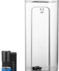 Two items in front view: replacement Keurig water reservoir tank (transparent) and black Keurig coffee maker with blue mug.