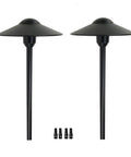 2-pack Cast Aluminum Low Voltage Landscape Pathway Lights with ground spike and wire connectors, black finish, front view.