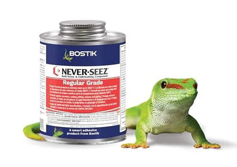 Bostik Never-Seez regular-grade anti-seize lubricant can, 8 oz brush-top, copper/graphite EP compound, beside 1 green lizard.