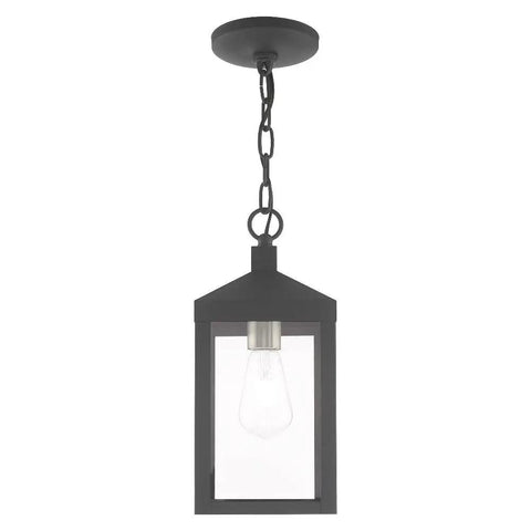 Nyack One Light Outdoor Hanging Lantern in Scandinavian Gray with clear glass solid brass construction, weatherproof pendant light.