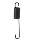 Black S-shaped utility hook with metal rod for hanging on pipes or rods in storage areas.