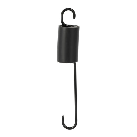 Black S-shaped utility hook with metal rod for hanging on pipes or rods in storage areas.
