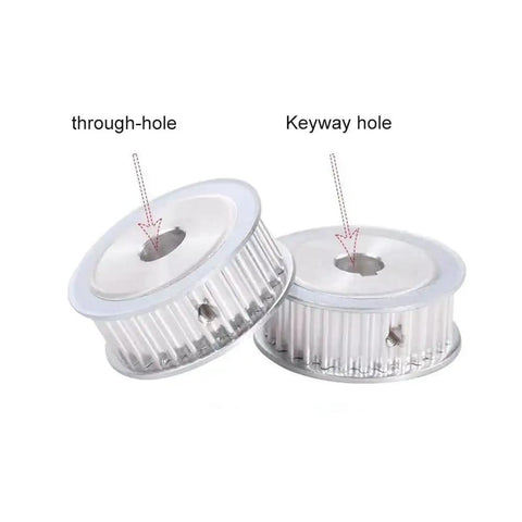 Premium HTD 5M Timing Pulley Featuring Crisp 32 Tooth Design Solid Alloy Construction And Locking Keyway Setup for smooth belt tracking, showing through and keyway holes.