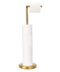 Gold Freestanding Toilet Paper Holder With Heavy Marble Base Rustproof SUS304 Stainless Steel Gold Brushed Finish Stable Tissue Roll Stand For Bathroom Easy One Hand Tear And Quick Refill with tissue rolls stacked