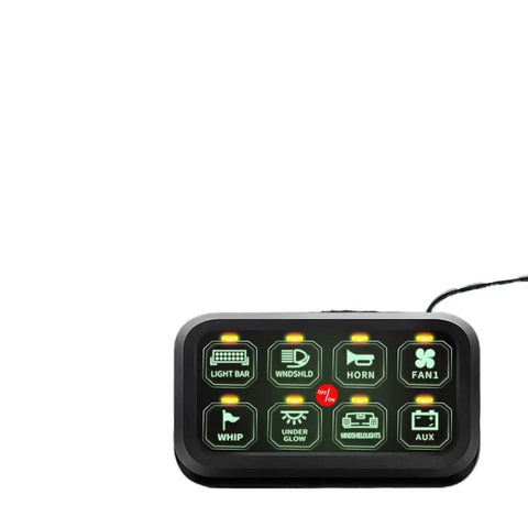 8 Gang Switch Panel With Green LED Indicators And Built In Electronic Relay System for car and boat, black finish, front view