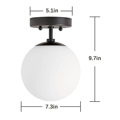 Dimensions of Cool Soft Black Semi Flush Mount Ceiling Light With Frosted Glass Shade, Vintage Close-To-Ceiling Fixture.