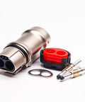 Heavy Duty 2 Pin 35A Electric Vehicle Connector With Metal Shell And IP67 Waterproof Sealing For EV HEV High Voltage Systems, showing connector and copper alloy pins.