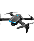 Black E99 Pro RC Drone with Dual Cameras and WiFi FPV, Foldable design showing brushless motors and illuminated front