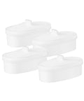 4 Pack Replacement Filter For Water Drop Pitcher Filtration System Compatible With Waterdrop WD PF 01A Plus Cuts The Yucky Taste And Odor And Reduces PFAS PFOA PFOS Chlorine And Heavy Metals Like Aluminum Iron Copper Mercury, shown in a white, oval shape, four filters.