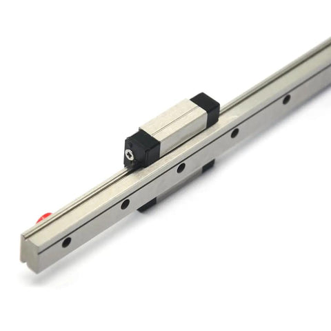 Beefy Stainless Steel 150mm Linear Rail Guide With MGN12C Carriage Block For 3D Printers And CNC Machines, Smooth Precise Motion, 440C Alloy, 4 M3 Holes On Carriage, Heavy Duty DIY Machinery Upgrade. 150mm stainless linear rail with MGN12C carriage, angled view