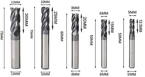 Carbide end mill set with straight shanks; five pieces shown in diameters 5–12 mm (5,6,8,10,12 mm).