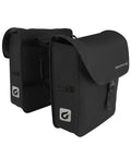 Double Local Bike Saddle Bag with Rear Rack Mount and Integrated Light Mount, black, shown flat and upright, fits most racks