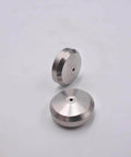 Two metal seat seals for waterjet cutting machines, circular discs with central through-hole, shown in side and top views.