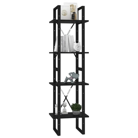 Black Four Tier Book Cabinet With Engineered Wood Shelving Industrial Style Tall Bookshelf For Living Room Or Home Office Durable