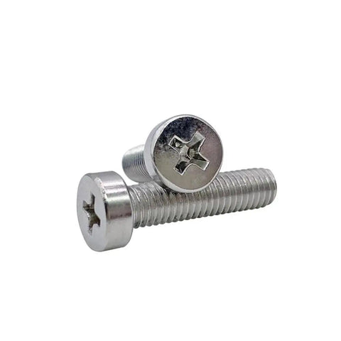 Top Notch 304 Stainless Steel Cheese Head Machine Screws With Phillips Drive In Metric Sizes M2.5 Through M6 Including M3x8mm Pack Of 100 stacked screws showing heads and threads.