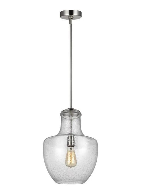 Baylor One Light Pendant in Satin Nickel, Dimmable E26 Socket, 60W Max, LED Compatible Bulb, with clear glass shade for kitchen islands.